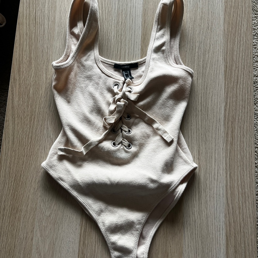 Forever 21 Cream Lace-Up  Bodysuit